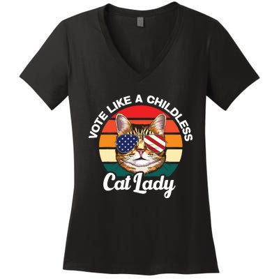 Retro Vote Like A Childless Cat Lady Funny Voting Kamala 24 Women's V-Neck T-Shirt