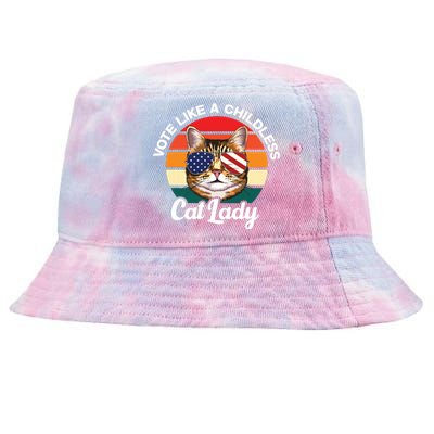 Retro Vote Like A Childless Cat Lady Funny Voting Kamala 24 Tie-Dyed Bucket Hat