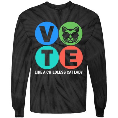 Retro Vote Like A Childless Cat Lady Is Voting Kamala 2024 Tie-Dye Long Sleeve Shirt