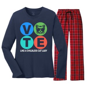 Retro Vote Like A Childless Cat Lady Kamala Harris 2024 Women's Long Sleeve Flannel Pajama Set 