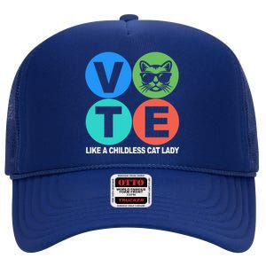 Retro Vote Like A Childless Cat Lady Kamala Harris 2024 High Crown Mesh Back Trucker Hat