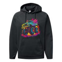 Retro Vintage Monster Truck Retro Sunset Monster Truck Performance Fleece Hoodie