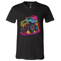 Retro Vintage Monster Truck Retro Sunset Monster Truck V-Neck T-Shirt