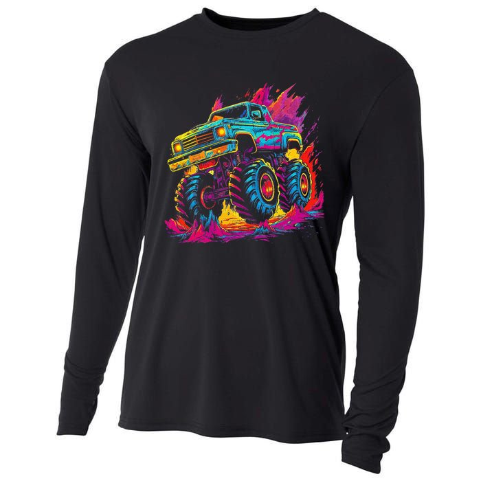 Retro Vintage Monster Truck Retro Sunset Monster Truck Cooling Performance Long Sleeve Crew