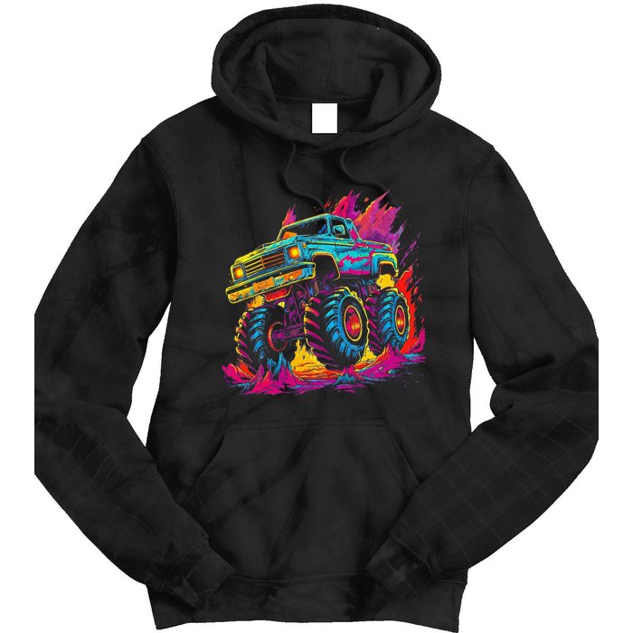 Retro Vintage Monster Truck Retro Sunset Monster Truck Tie Dye Hoodie