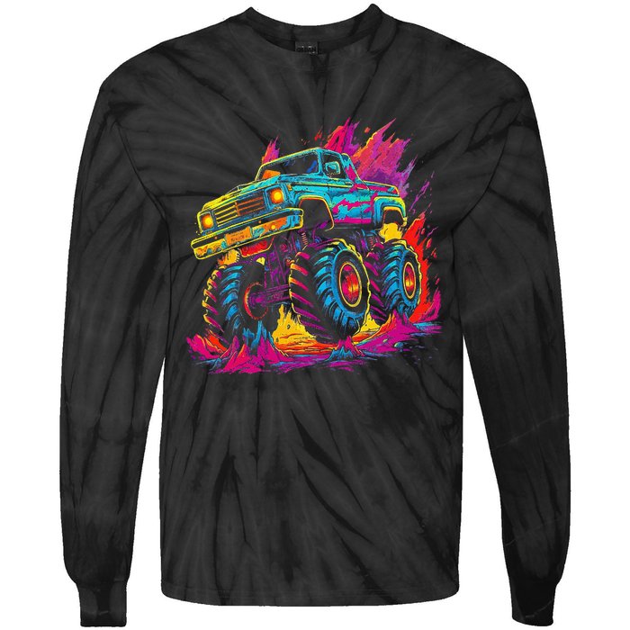 Retro Vintage Monster Truck Retro Sunset Monster Truck Tie-Dye Long Sleeve Shirt