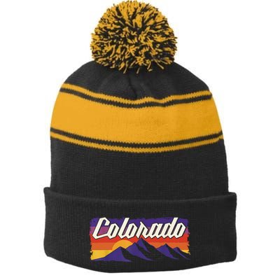 Retro Vintage Mountains Colorado Stripe Pom Pom Beanie