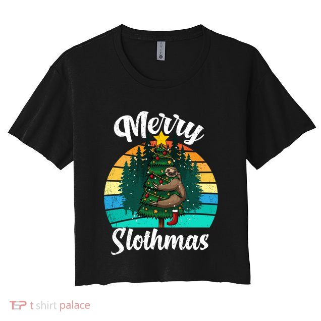 Retro Vintage Merry Slothmas Christmas Cute Sloth Pajamas Gift Crop Top