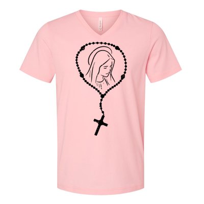 Rosary Virgin Mary God Jesus Faith Religious Catholic V-Neck T-Shirt