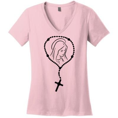 Rosary Virgin Mary God Jesus Faith Religious Catholic Women's V-Neck T-Shirt