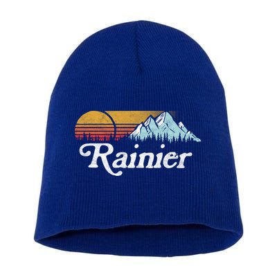 Retro Vibe Mount Rainier Gift Vintage Mountains And Sun Short Acrylic Beanie