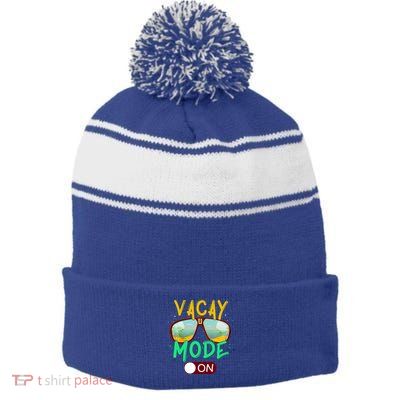 Retro Vacay Mode On Sunglasses Beach Swimming Summer Vibes Great Gift Stripe Pom Pom Beanie