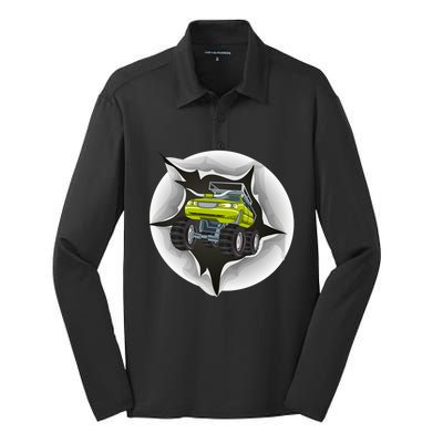 Retro Vintage Monster Truck Crushing Wall Gift Silk Touch Performance Long Sleeve Polo