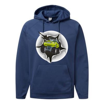 Retro Vintage Monster Truck Crushing Wall Gift Performance Fleece Hoodie