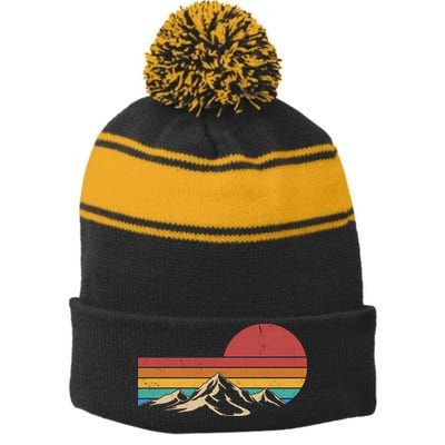 Retro Vintage Mountain Range Sunset Colors Stripe Pom Pom Beanie