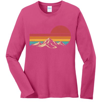Retro Vintage Mountain Range Sunset Colors Ladies Long Sleeve Shirt