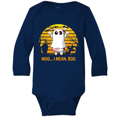 Retro Vintage Moo I Mean Boo Halloween Cow Ghost Moo Cow Gift Baby Long Sleeve Bodysuit