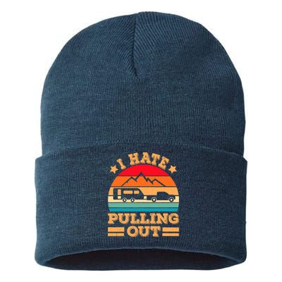 Retro Vintage Mountains I Hate Pulling Out Funny Camping Sustainable Knit Beanie