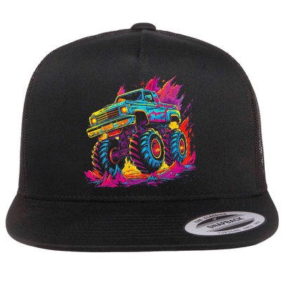 Retro Vintage Monster Truck Retro Sunset Monster Truck Flatbill Hat
