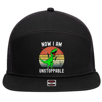 Retro Vintage Now I Am Unstoppable Trex Funny TRex 7 Panel Mesh Trucker Snapback Hat