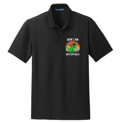 Retro Vintage Now I Am Unstoppable Trex Funny TRex Dry Zone Grid Polo
