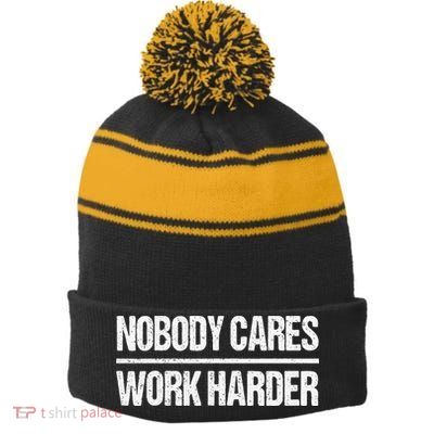 Retro Vintage Nobody Cares Work Harder Stripe Pom Pom Beanie