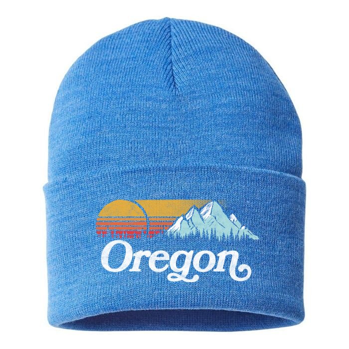 Retro Vibe Oregon Cool Gift Vintage Mountains And Sun Cool Gift Sustainable Knit Beanie