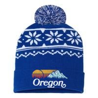 Retro Vibe Oregon Cool Gift Vintage Mountains And Sun Cool Gift USA-Made Snowflake Beanie