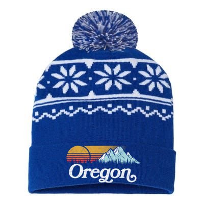 Retro Vibe Oregon Cool Gift Vintage Mountains And Sun Cool Gift USA-Made Snowflake Beanie