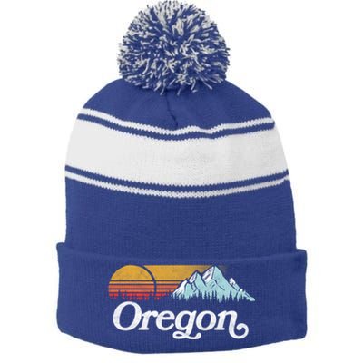 Retro Vibe Oregon Cool Gift Vintage Mountains And Sun Cool Gift Stripe Pom Pom Beanie