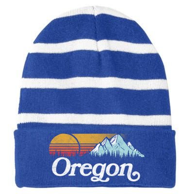 Retro Vibe Oregon Cool Gift Vintage Mountains And Sun Cool Gift Striped Beanie with Solid Band