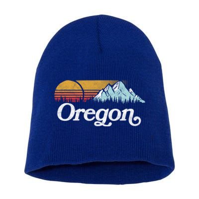 Retro Vibe Oregon Cool Gift Vintage Mountains And Sun Cool Gift Short Acrylic Beanie