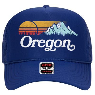 Retro Vibe Oregon Cool Gift Vintage Mountains And Sun Cool Gift High Crown Mesh Back Trucker Hat