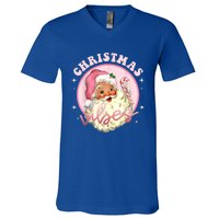 Retro Vintage Pink Santa Claus Funny Pink Christmas Vibes Funny Gift V-Neck T-Shirt