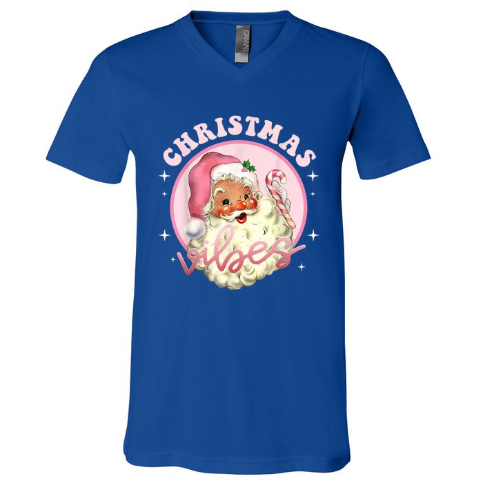 Retro Vintage Pink Santa Claus Funny Pink Christmas Vibes Funny Gift V-Neck T-Shirt