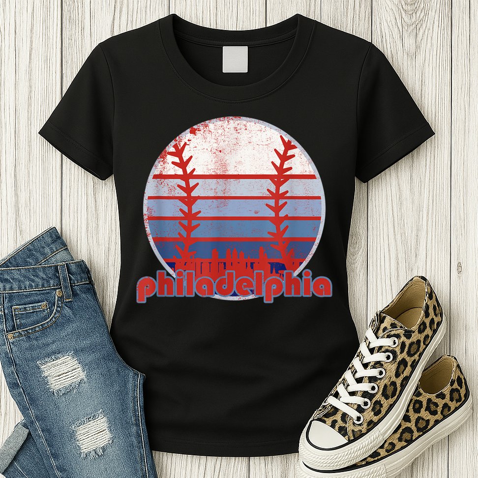 Retro Vintage Philly Baseball Skyline Cool Philadelphia Womens T-Shirt