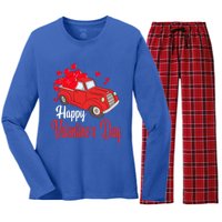 Retro Vintage Red Truck Carrying Hearts Happy Valentines Day Funny Gift Women's Long Sleeve Flannel Pajama Set 