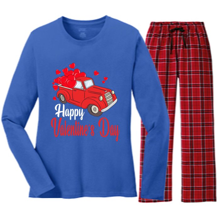 Retro Vintage Red Truck Carrying Hearts Happy Valentines Day Funny Gift Women's Long Sleeve Flannel Pajama Set 