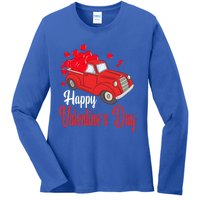 Retro Vintage Red Truck Carrying Hearts Happy Valentines Day Funny Gift Ladies Long Sleeve Shirt