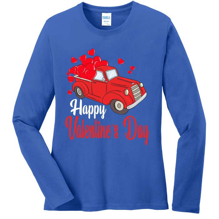 Retro Vintage Red Truck Carrying Hearts Happy Valentines Day Funny Gift Ladies Long Sleeve Shirt