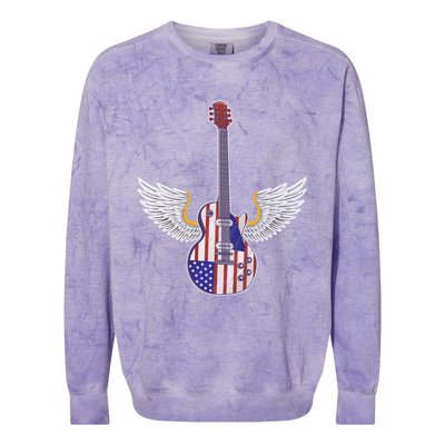 Retro Vintage Rock And Roll Guitar Wings Music Band 4th July Gift Colorblast Crewneck Sweatshirt