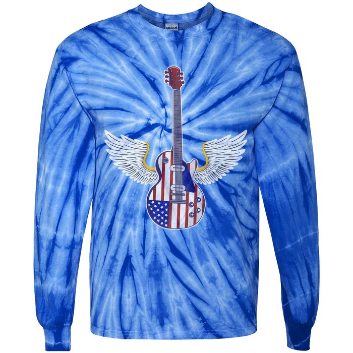 Retro Vintage Rock And Roll Guitar Wings Music Band 4th July Gift Tie-Dye Long Sleeve Shirt