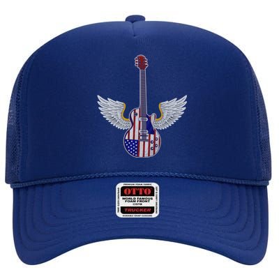 Retro Vintage Rock And Roll Guitar Wings Music Band 4th July Gift High Crown Mesh Back Trucker Hat