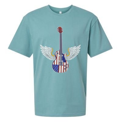 Retro Vintage Rock And Roll Guitar Wings Music Band 4th July Gift Sueded Cloud Jersey T-Shirt