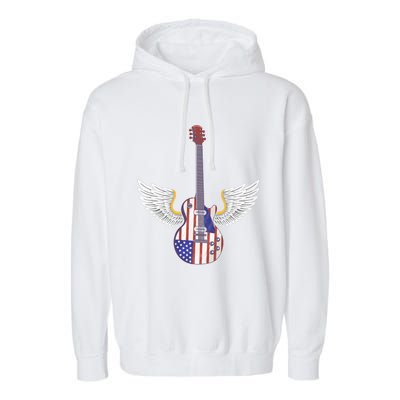 Retro Vintage Rock And Roll Guitar Wings Music Band 4th July Gift Garment-Dyed Fleece Hoodie