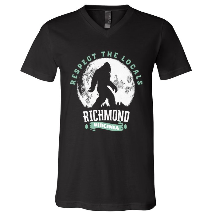 Richmond Virginia Respect The Locals Bigfoot Sasquatch Moon V-Neck T-Shirt