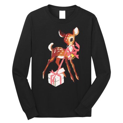 Retro Vintage Reindeer Pink Christmas Baby Deer Cottagecore Long Sleeve Shirt