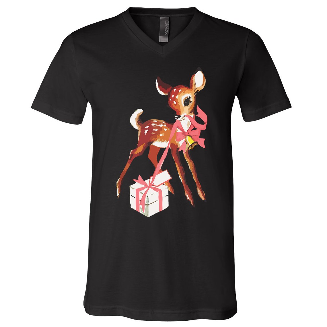 Retro Vintage Reindeer Pink Christmas Baby Deer Cottagecore V-Neck T-Shirt