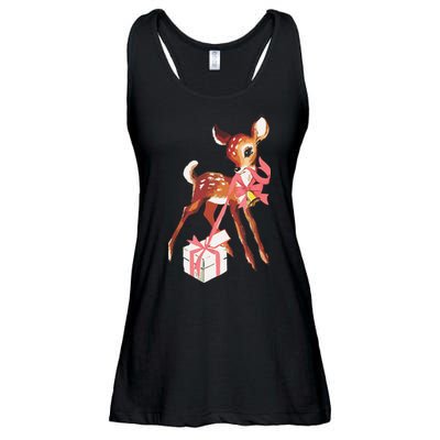 Retro Vintage Reindeer Pink Christmas Baby Deer Cottagecore Ladies Essential Flowy Tank