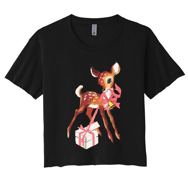 Retro Vintage Reindeer Pink Christmas Baby Deer Cottagecore Crop Top